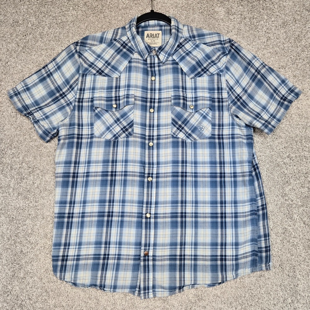 Ariat Shirt Mens Large blue Plaid Pearl Snap Retro Fit Andover 100% cotton S/S